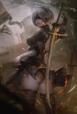 Digital art of 2B from NieR: Automata standing in an industrial ruin, holding a sword behind her back and looking over her shoulder amidst flying sparks.