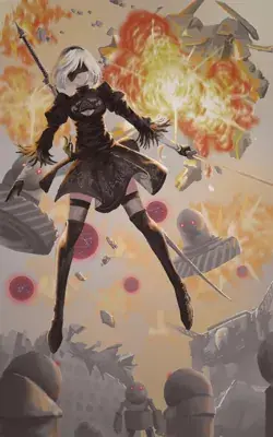 Digital illustration of the character 2B from NieR: Automata jumping through explosions and debris while fighting machines in a destroyed city.