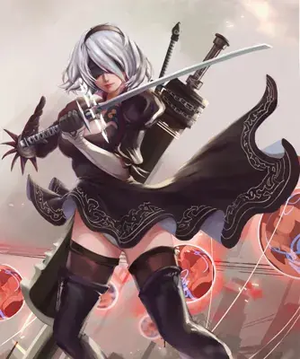 Digital painting of 2B from NieR Automata in a black dress holding a sword, set against an abstract background with red projectiles.