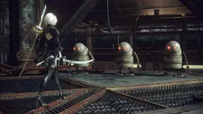 2B from Nier Automata facing off against hostile machines - digital artwork showing android warrior in signature outfit