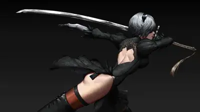 Digital art of 2B from NieR: Automata in her black dress, swinging a sword in a dynamic pose against a black background.