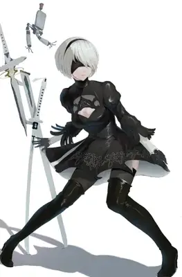 Digital painting of 2B from NieR Automata in a dynamic action pose with her swords and Pod against a white background.