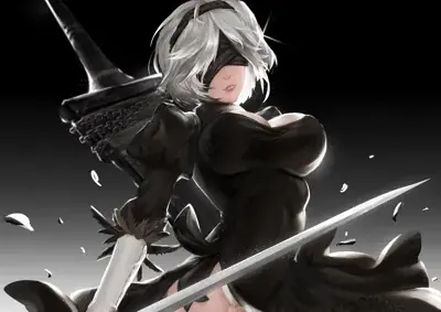 A dramatic digital painting of the android 2B from NieR: Automata holding a sword against a dark background.