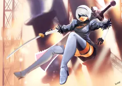 2B from Nier Automata dynamic combat stance - digital artwork showing android warrior in signature outfit