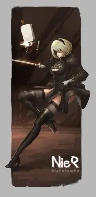 2B from Nier Automata in a dynamic combat pose - digital artwork showing android warrior in signature outfit