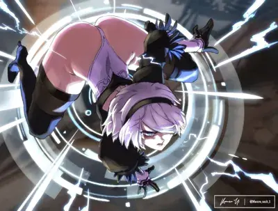 2B from Nier Automata in a high-octane combat action pose - digital artwork showing android warrior in signature outfit