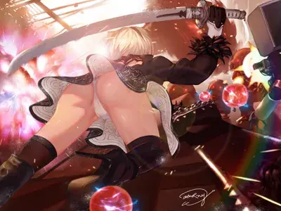 2B from Nier Automata intense battle illustration - digital artwork showing android warrior in signature outfit