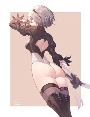 An anime-style digital drawing of 2B from NieR: Automata, viewed from behind as she looks over her shoulder while holding a sword.