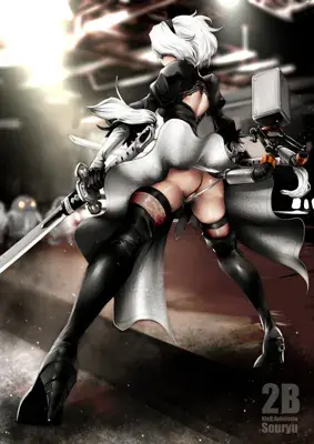 Digital art of 2B from NieR: Automata shown from behind in a low-angle action pose, wearing a black dress and wielding a sword in an industrial setting.