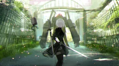 A digital art piece showing 2B from behind, standing in a lush, vine-filled greenhouse with her sword drawn, facing a large bipedal robot.