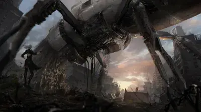 2B stands in a desolate, ruined city, facing a giant, damaged machine under a dramatic sunset sky.