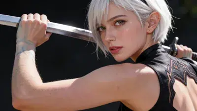 Cosplayer as 2B from NieR:Automata holding a katana.
