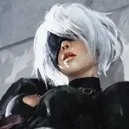 Cosplayer as 2B from NieR:Automata, lying down and looking to the side.