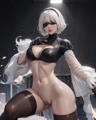 Cosplay of 2B from NieR:Automata in a studio setting.