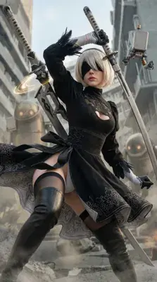Cosplayer as 2B from NieR:Automata in a dynamic pose with swords.