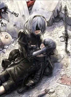 Digital artwork of 2B from NieR Automata sitting on the ground and holding 9S's head in her lap amidst industrial rubble.