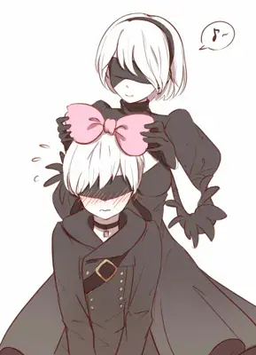 Digital art of 2B putting a large pink bow on a blushing 9S from NieR:Automata.