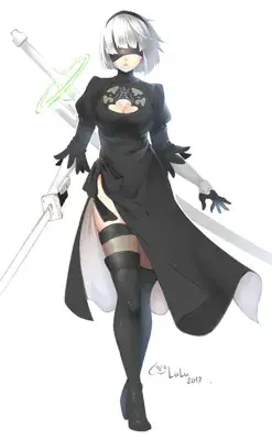 Digital drawing of 2B from NieR:Automata standing with a katana and a floating sword against a white background.