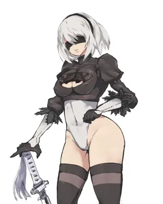 Digital drawing of 2B from NieR: Automata wearing a black top and white leotard, holding a sword against a white background.