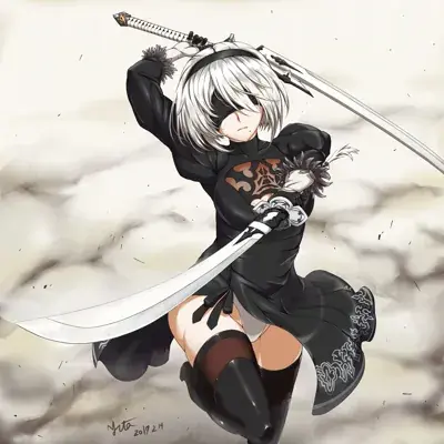 Digital drawing of 2B from NieR: Automata in a combat stance, wielding two swords while wearing her classic black dress and blindfold against a dusty background.