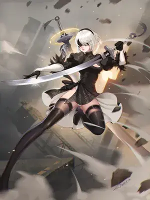 Digital art of 2B from NieR: Automata in a dynamic mid-air sword-fighting pose within a ruined city.