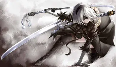 Digital art of 2B from NieR:Automata lunging forward in a low combat pose with two swords against a smoky grey background.