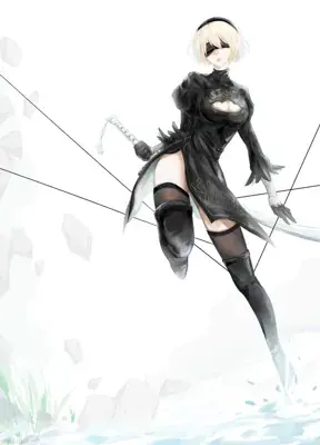A digital illustration of 2B from NieR: Automata in a dynamic mid-air action pose, wearing her signature black dress and blindfold against a minimalist white background.