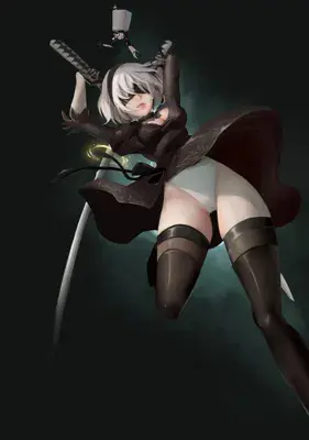 Digital illustration of 2B from NieR:Automata in a low-angle action pose with her sword and Pod.