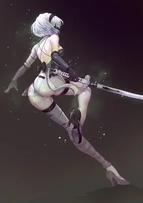 Digital illustration of 2B from NieR: Automata leaping through the air with a sword, viewed from the back in a sexy action pose.
