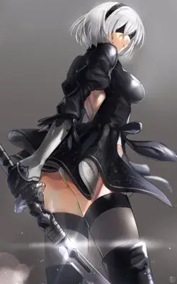 A high-quality digital artwork of 2B from NieR: Automata, showing her from a low angle as she looks over her shoulder while holding her katana.