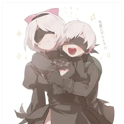 Two 2B androids hugging, digital art in anime style.