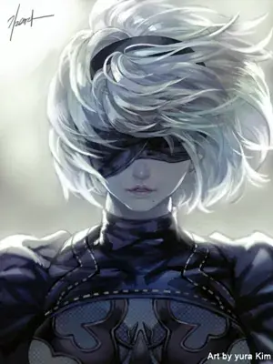 Close-up digital illustration of 2B from NieR:Automata wearing a black blindfold and black dress with white hair blowing in the wind.