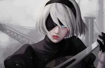 A detailed digital painting of 2B from NieR: Automata looking forward with one blue eye visible, holding a sword against a blurred industrial background.