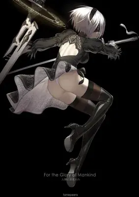 A dynamic digital art piece of 2B from NieR: Automata leaping in mid-air against a black background, wielding swords while wearing her signature black dress.