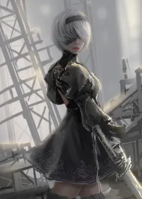Digital art of the character 2B from NieR: Automata wearing a black dress and blindfold, standing in a post-apocalyptic industrial setting.