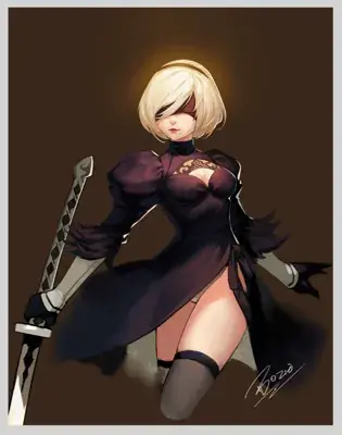 Digital art of 2B from NieR: Automata in her combat outfit, holding a sword, with a blindfold and blonde hair, set against a dark, moody background.