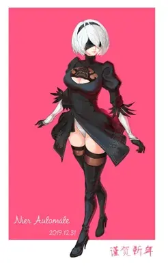 Digital art of 2B from NieR:Automata in her black dress and blindfold, standing against a bright pink background.