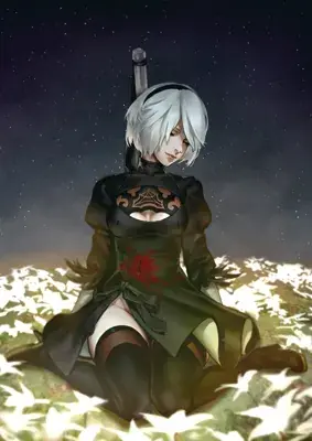 Digital art of 2B kneeling in a glowing flower field, looking downcast.