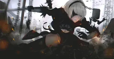 Digital art of 2B from NieR:Automata leaping through a ruined city.