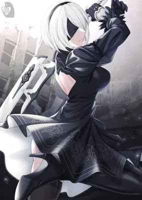 Digital anime-style artwork of 2B from NieR: Automata in a dynamic sword-wielding pose among city ruins.