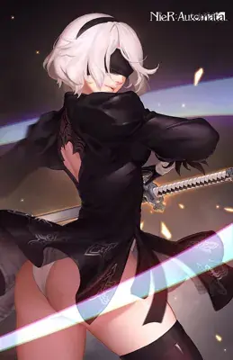 Digital art of 2B from NieR: Automata in her signature black dress and blindfold, holding a sword in a dramatic action pose with light flare effects.
