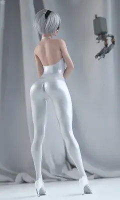 A highly detailed 3D render of the NieR: Automata character 2B from behind, wearing a form-fitting glossy white leotard and heels, with a Pod unit floating in the background. She has white hair and wears a black blindfold and headband.