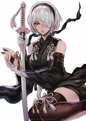 Digital illustration of 2B from NieR:Automata wearing a black Japanese-style dress, holding a sword and a fox mask.