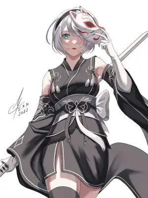 A digital drawing of 2B from NieR: Automata wearing a black kimono-inspired outfit and lifting a fox mask.