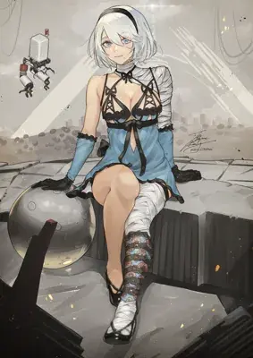 Digital illustration of 2B from NieR Automata sitting on a ruinous stone block wearing a blue dress and white bandages, featuring her white hair and blue eyes.