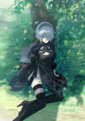 Digital art of 2B from NieR:Automata resting against a tree in a forest.