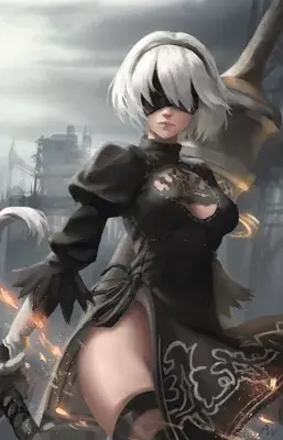 Digital illustration of the character 2B from NieR:Automata in a dramatic pose amidst a ruined industrial setting.