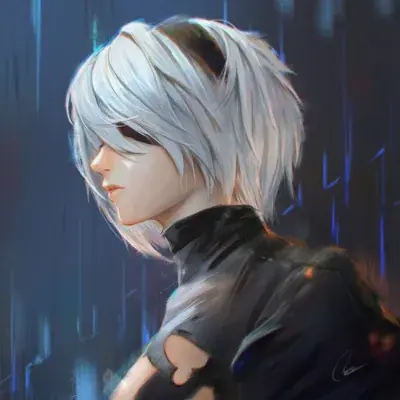 Digital art of 2B from NieR:Automata, a white-haired android in a black outfit, standing in the rain.
