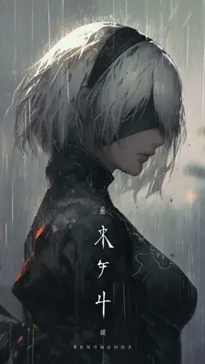 Digital art of 2B from NieR:Automata, head bowed in the rain.