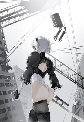 Fan art of 2B from NieR:Automata standing in a ruined city with her pod.